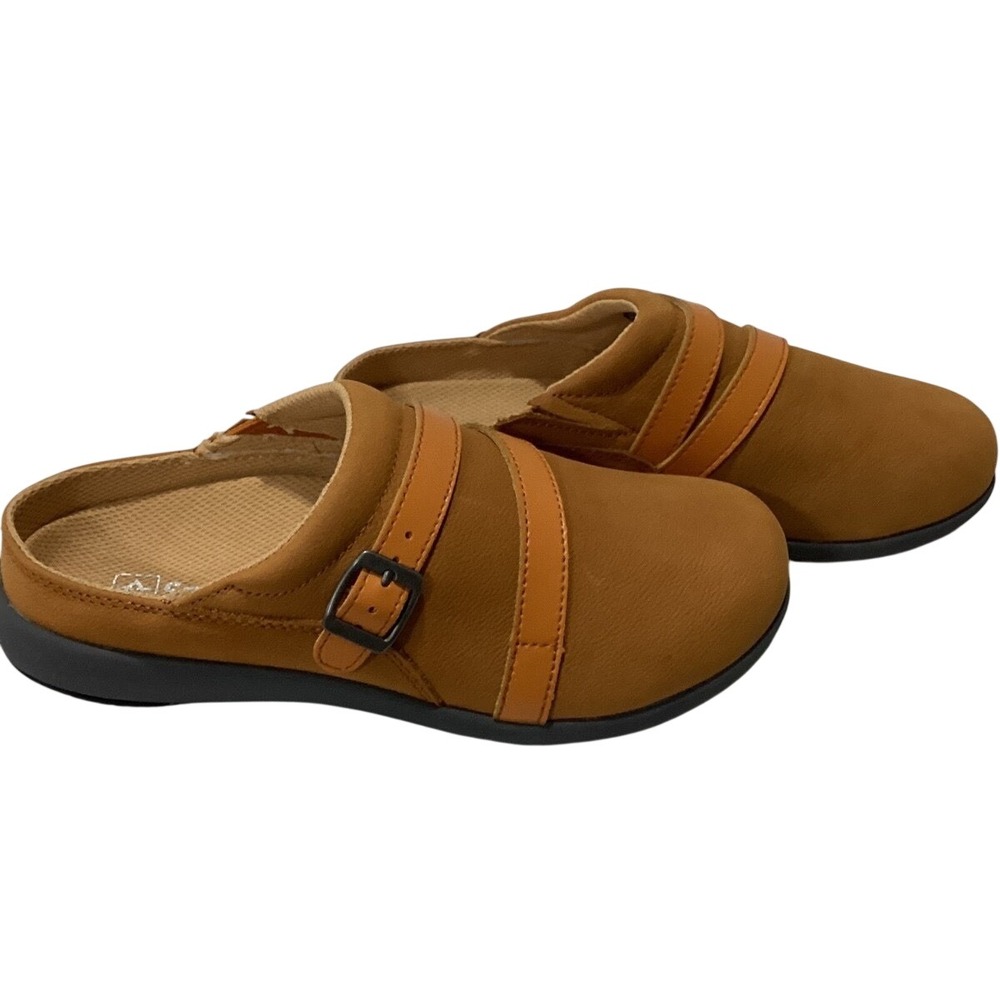 Spenco Siesta Leather Orthotic Mules Womens 7.5 Wide Tan Buckle Clogs